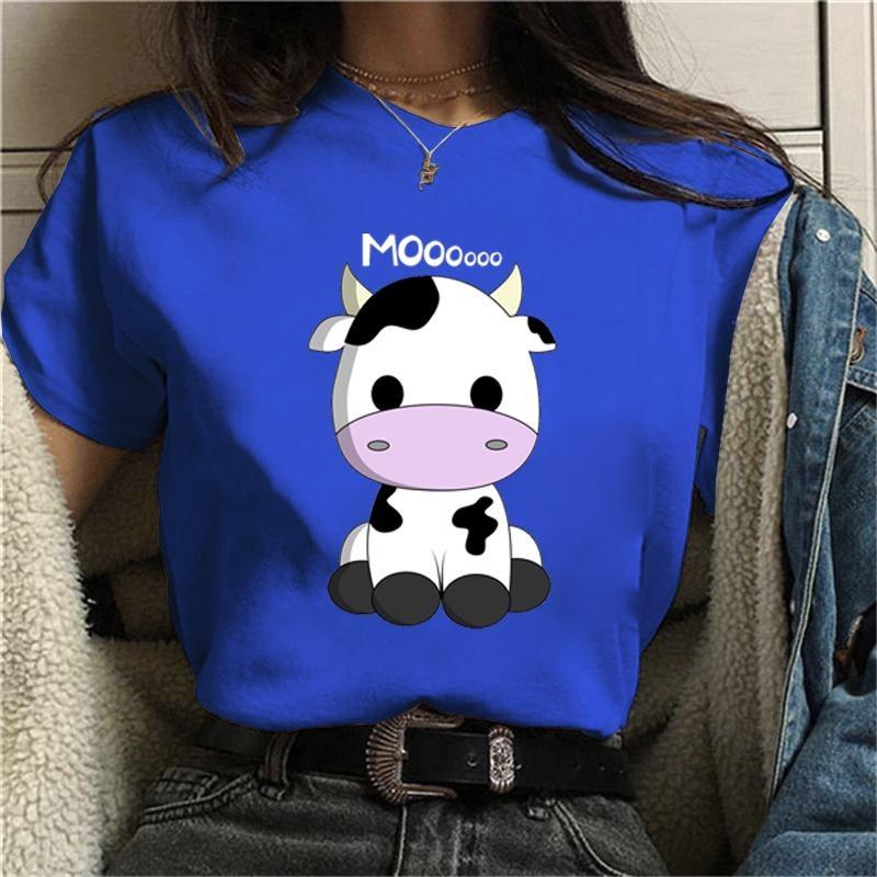 Niedliche Kühe Färse Muh Grafikdruck T-Shirt Damenmode Rundhals Kurzarm Streetwear Lässig Persönlichkeit Tops