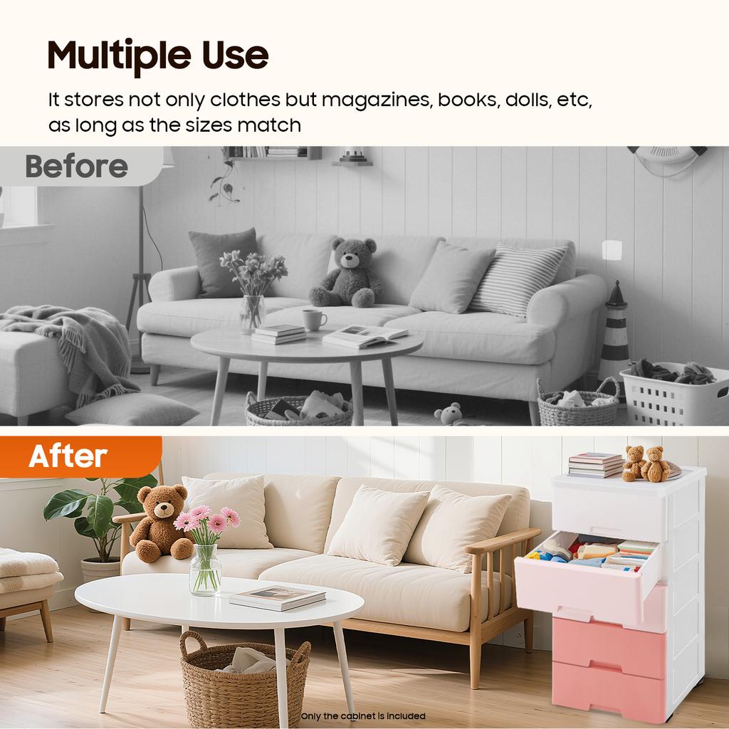 5-Drawer Storage Cabinet, 17.1x11.4x31.5in Plastic Organizer Dresser with Wheels, Modern PP Bookshelf for Bedroom, Closet, Offic