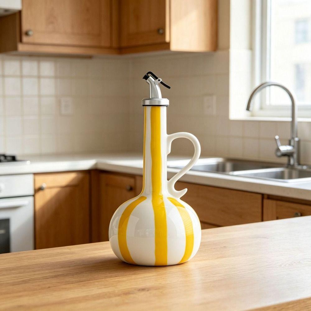 Nordic Style Ceramic Oil Bottle Hand-drawn Stripes Olive Oil Dispenser Bottle Home