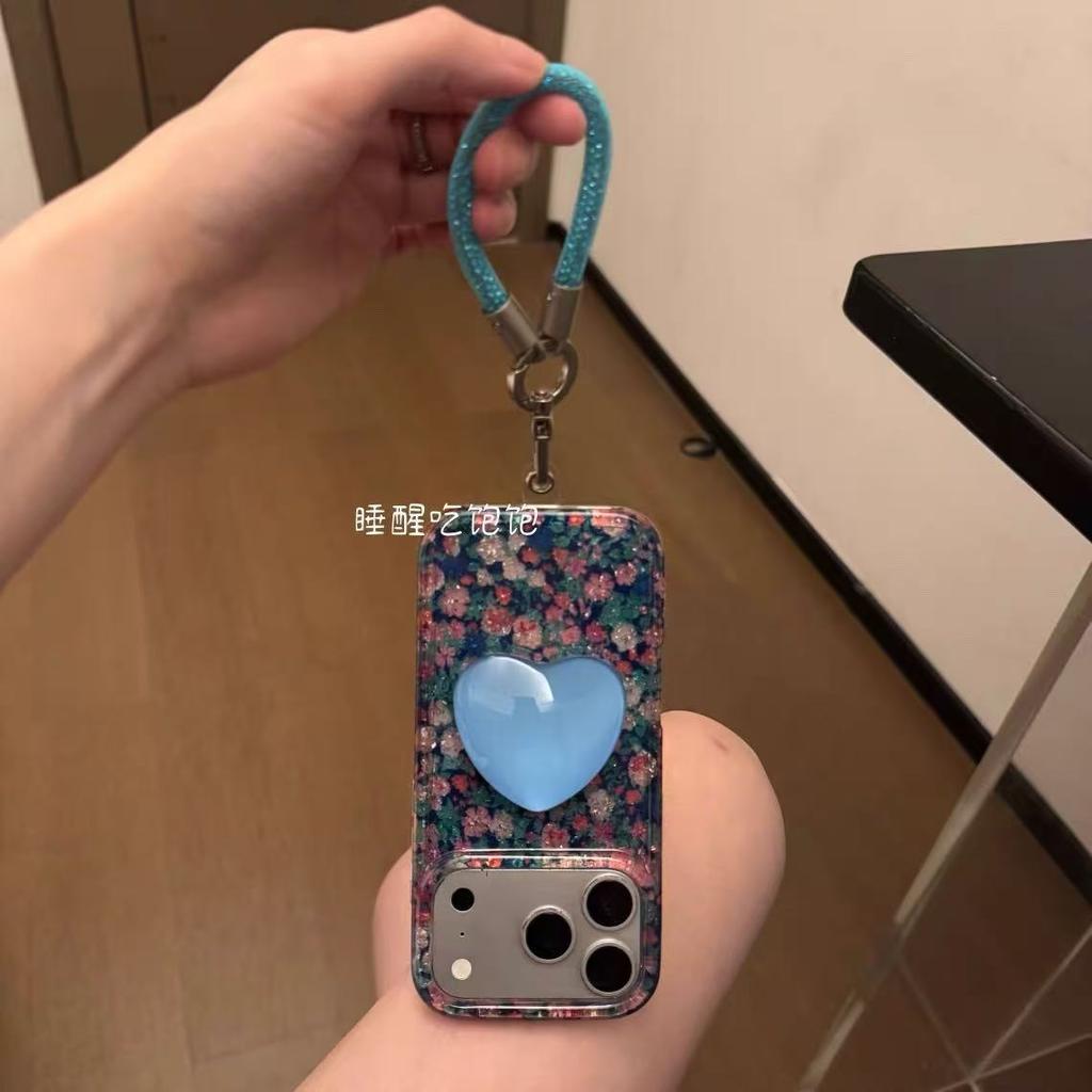 Glitter floral blue love bracket chain is suitable for Apple 14Promax mobile phone case 16.