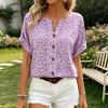 Women's Short Sleeve Pullover Top Floral Print Button Detail Casual Loose Fit Lightweight Blouse for Spring Summer Autumn