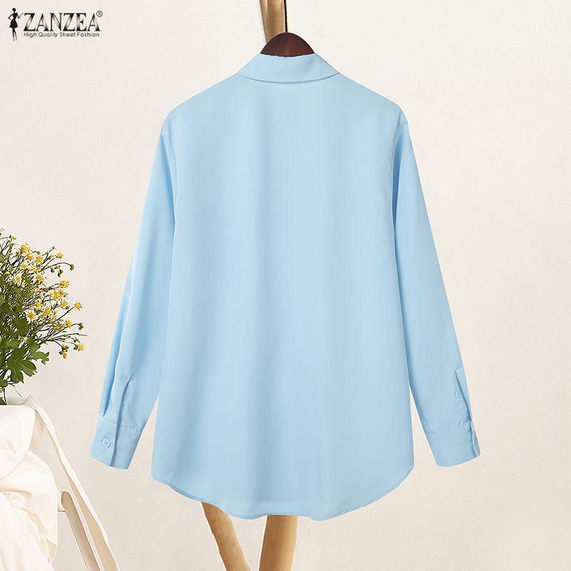 ZANZEA Women Casual Turn Down Collar Solid Color Loose Long Sleeve Blouse