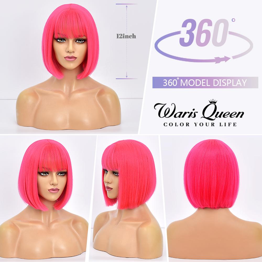 Short Bob Wig With Bangs Synthetic Wigs For Women Straight Ombre Rose Red Pink 12 Inch Heat Resistant Lolita Cosplay Party Hair