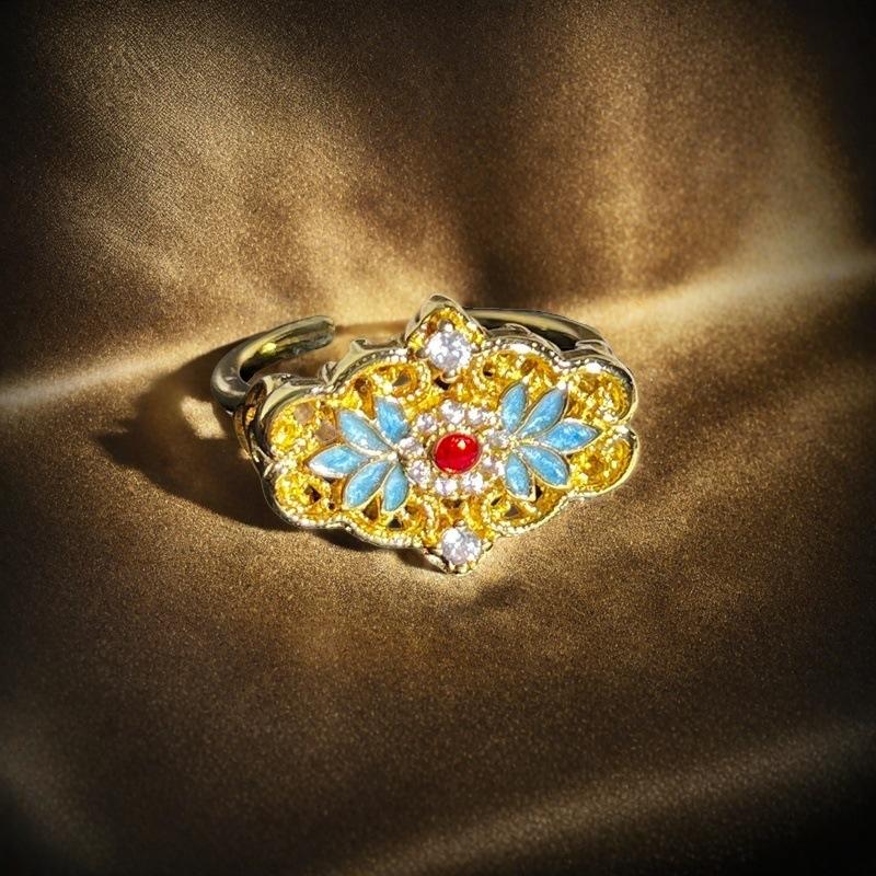 Medieval Enamel Dripping Oil Imitation Amber Eye Stone Open Ring Light Luxury High-End French Retro Niche Ring Woman