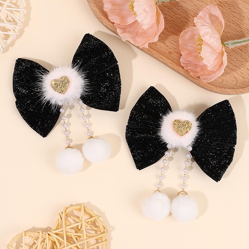 2Pcs Glitter Velvet Bow Hair Clips With Fuzzy Ball Tassels Elegant Cute Red Heart-Shaped Bow Barrette Hair Accessories For Girls