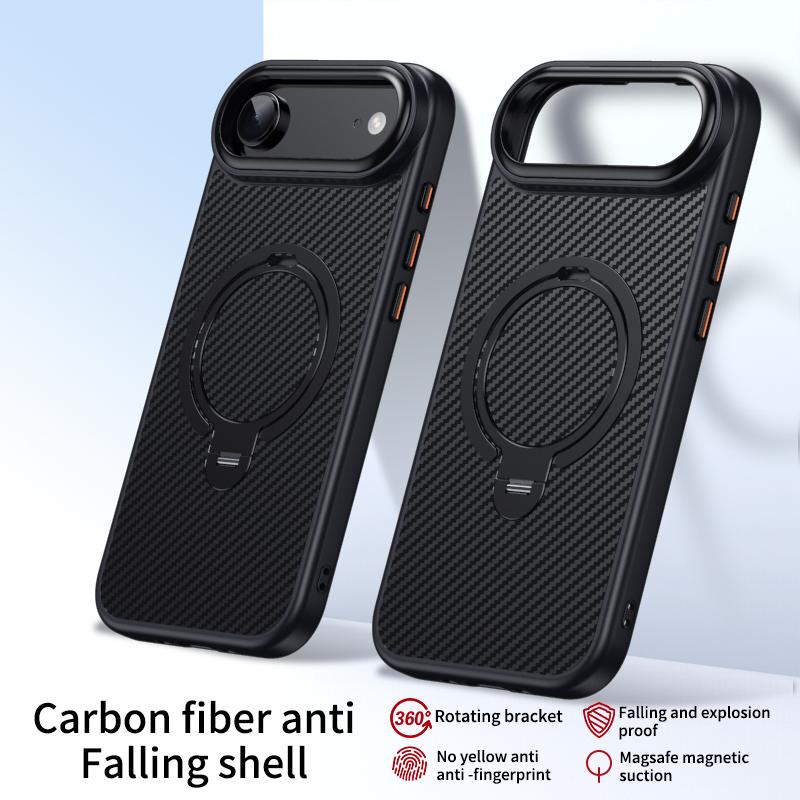 Carbon Fiber Rotating Stand Magnetic Magsafe Phone Case For iPhone 17 16 15 14 13 12 Pro Max 17Air 16E Metal Camera Frame Button