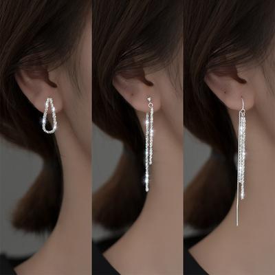 925 Silver Sparkling Drop Line Long Earrings Elegant Women Fine Jewelry Wedding Gift Fashion Accessories