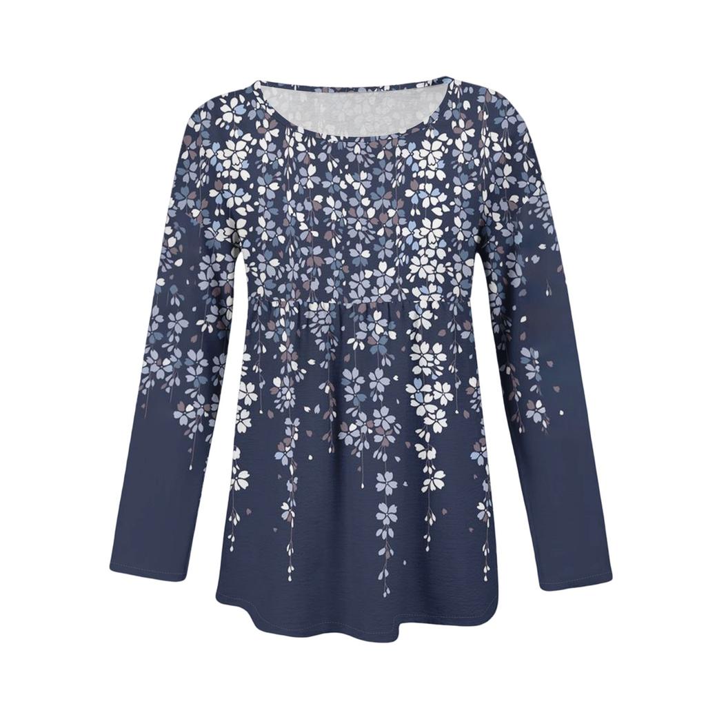 Damen Casual Mode Locker Rundhals Blumenmuster Langarm Oberteil