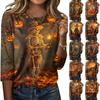 Women's Halloween Print Three-Quarter Sleeve Round Neck Casual T-Shirt Top