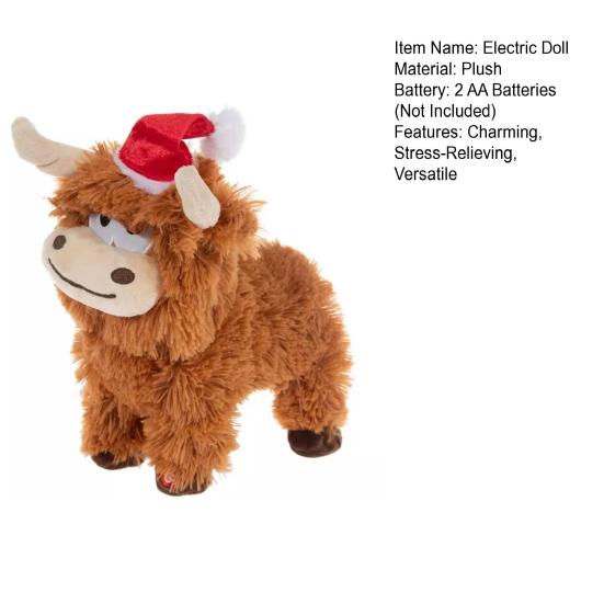 Elektrisches Plüsch Hochlandrind mit Weihnachtsmannmütze Weiche Ziege Stofftier Weihnachtsfeiertagsdekoration Niedliches Stressabbau-Geschenk für Kinder Familie