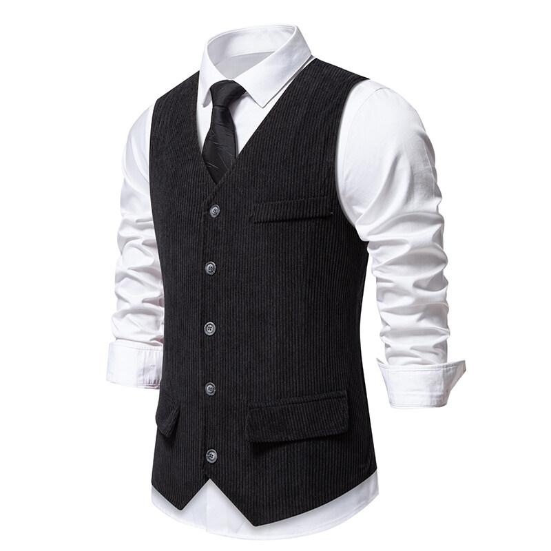 Cozy Up New Men's Corduroy Vest Fashion Retro V Neck Pockets Suit Vest Spring Autumn British Casual Vintage Gentleman Leisure Business