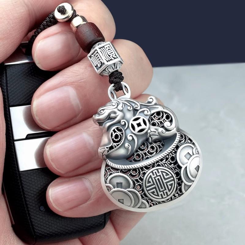 Sterling Silver Pixiu Fu Dai Men s Keychain Pendant - Creative High-End Handwoven Car Key Ornament