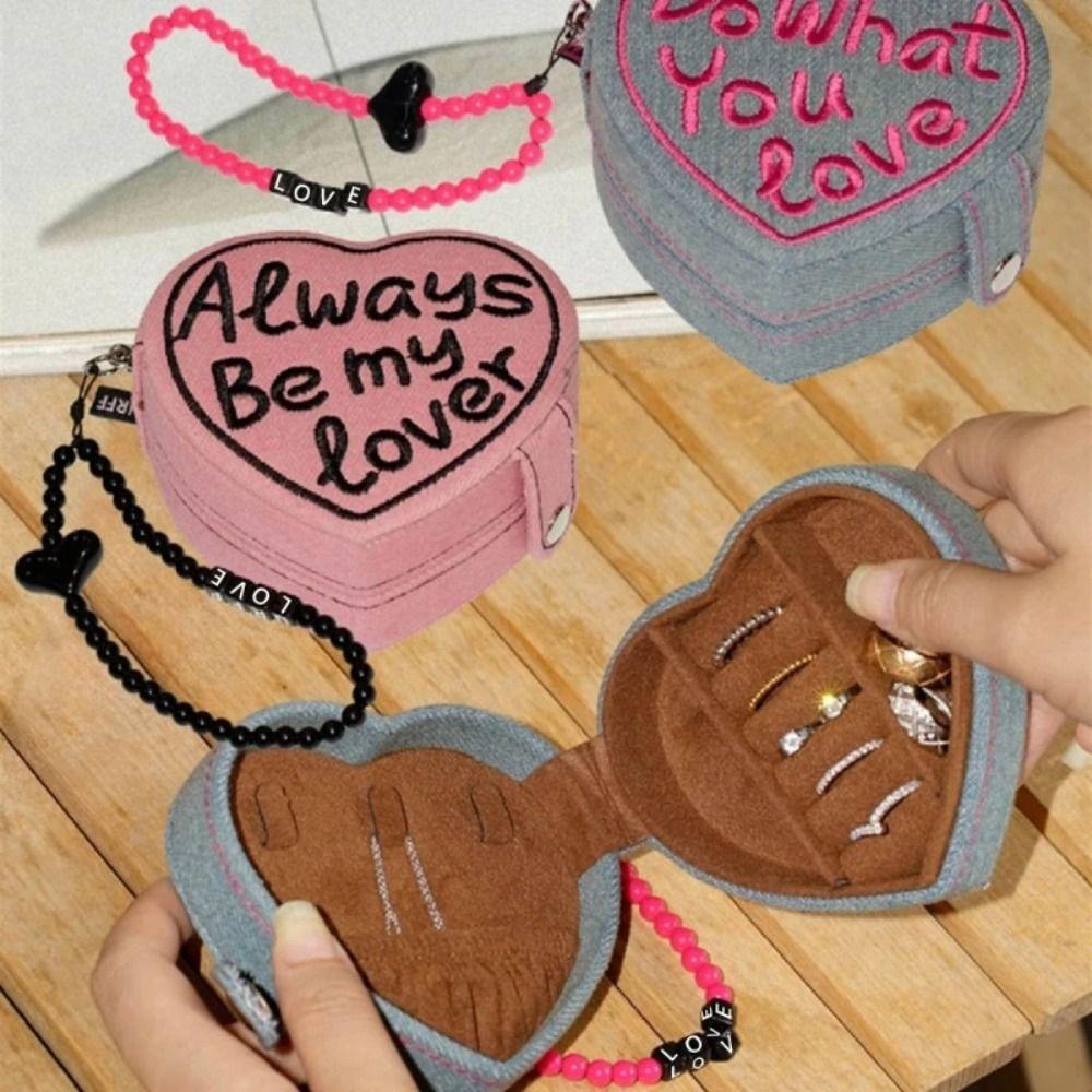 Heart Shaped Jewelry Ring Storage Box Embroidered Jewelry Holder Portable Mini Jewelry Box Travel