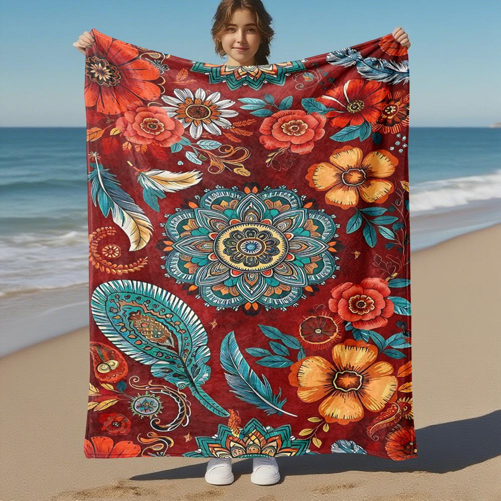 1PC Floral MandalaOutdoor Flannel Blanket - Soft Plush Decor for Picnics, camping, Bedroom, Playroom, Office, or Lunch Break 1268A