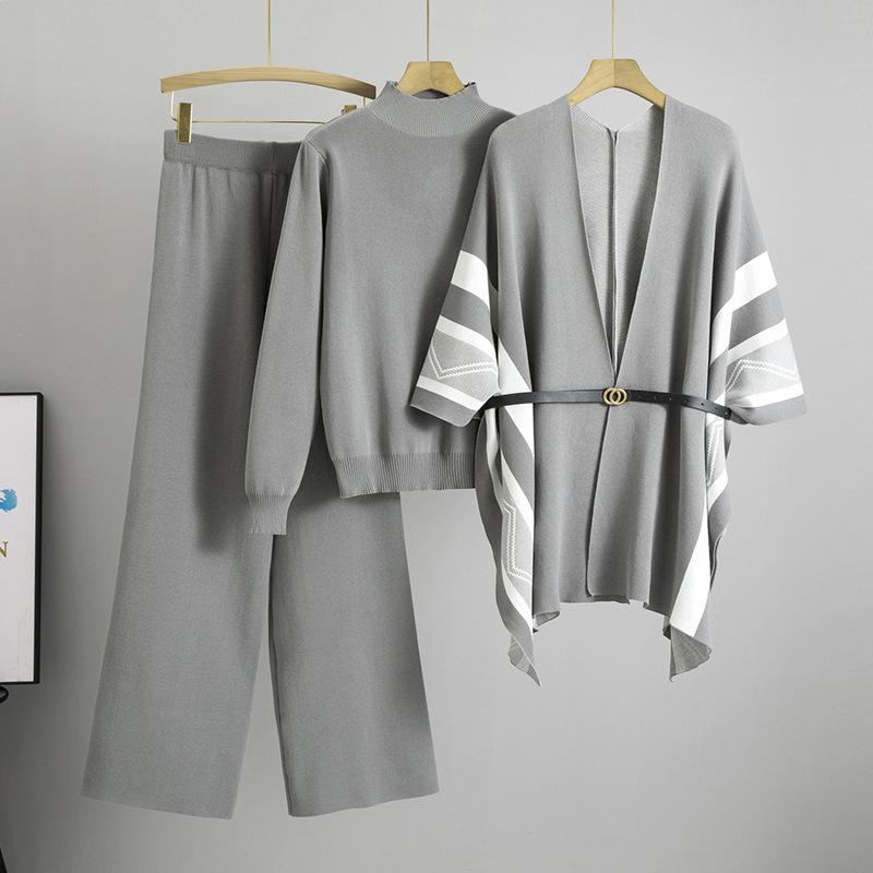 

Women Knitted 3 Piece Sets Women Sweater Pullover+chic Design Shawl Tops Conjuntos High Waist Wide Leg Pants Outfit One size сірий