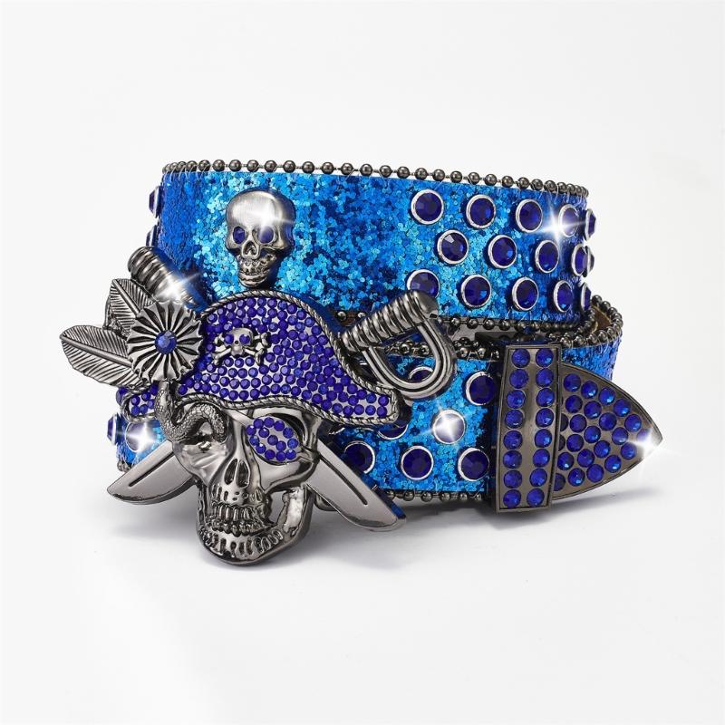 Rhinestones Skull Buckle Belt for Women Men Sequined Hiphop Belt for Pants Jeans Popular Rockers Belt Waist Accessories