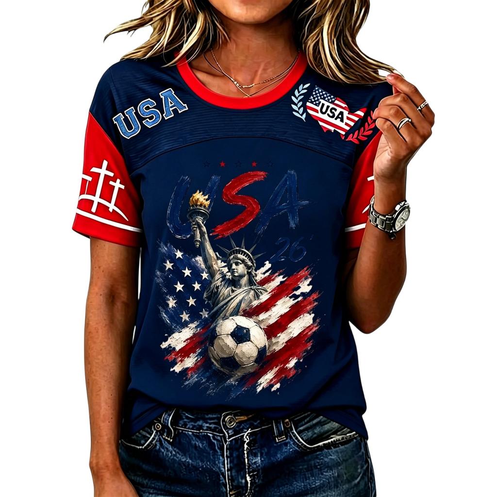 Women’s Casual Short Sleeve Pullover Crewneck Top with Soccer Graphic and USA Letter Print for Everyday Wear