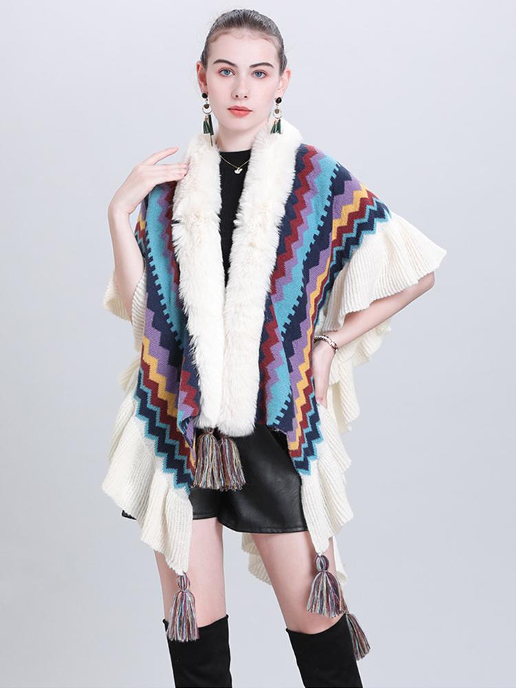 Imitation Cashmere Elegant Women Scarf Winter Ladies Fur Collar Striped Poncho Warm Female Capa Para Mujer Pashmina Wrap Shawl