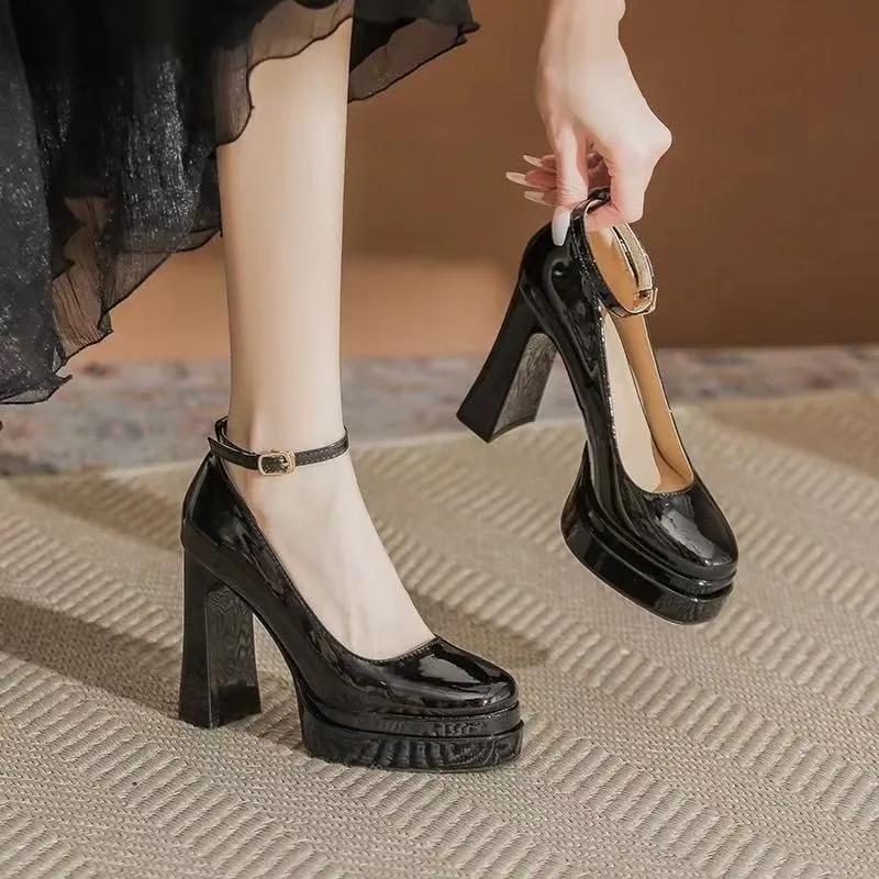 Fashion New Summer Buckle Banquet Shoes Women's Square Toe Shallow Mouth Platform Non-slip Super High Heel Single Shoes