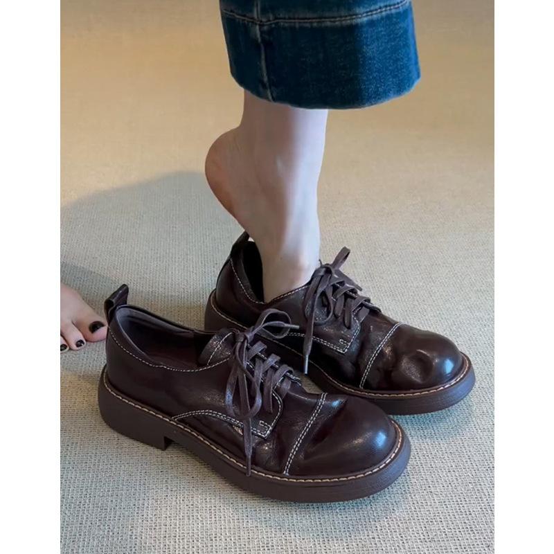 

Мягкая овчина~ Натуральная кожа ретро круглый носок универсальная шнуровка маленькие кожаные туфли британский темперамент универсальные на толстом каблуке одинарные туфли Лоферы 40