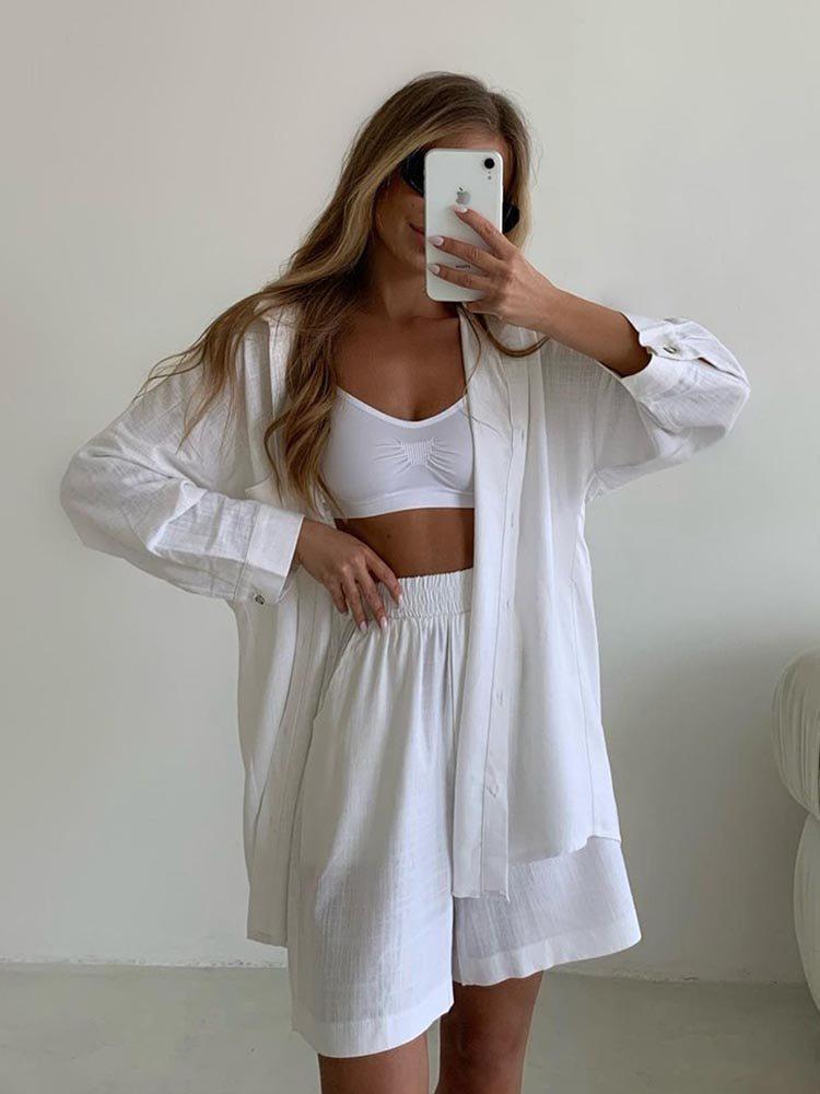 Plus Size Women’s Long Sleeve Shirt & Shorts Two-Piece Set