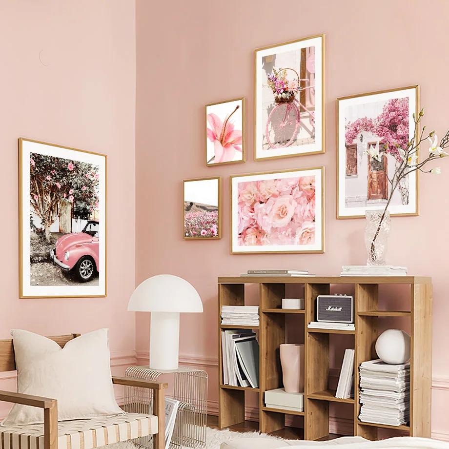 Wielkanoc Wiosna Różowy Sakura Farmhouse Świeży Kwiat Romantyczne Plakaty Malarstwo Płótno Sztuka Ścienna Obrazy Do Salonu Wystrój Domu