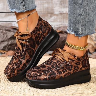 Mode Lente en Herfst Luipaardprint Grote Maten Enkele Schoenen Vetersluiting Plateau Casual Ronde Neus Dames Schoenen