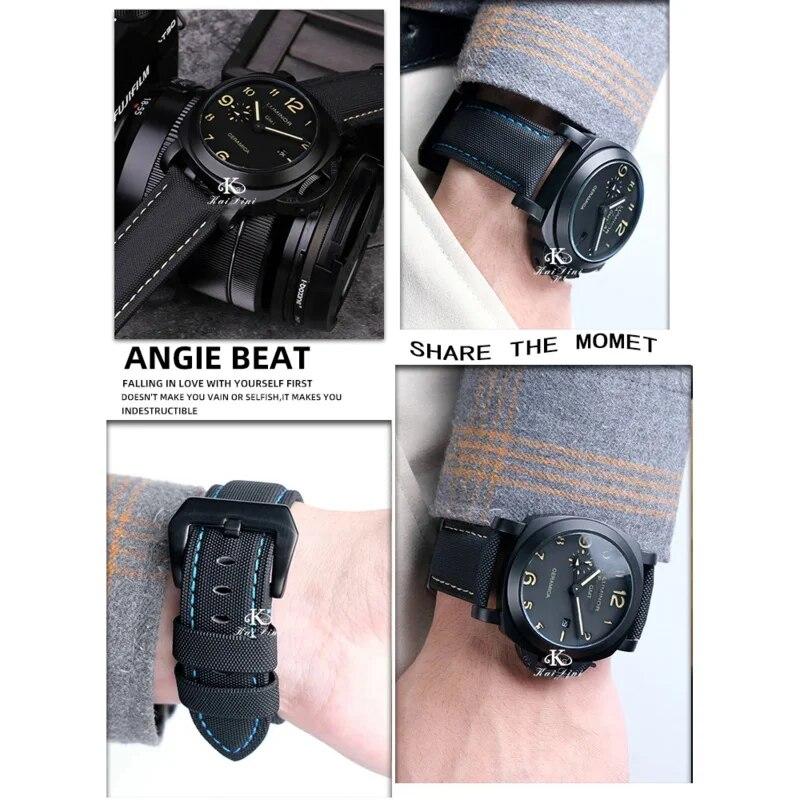 22mm 24mm 26mm Nylon Texture Leather Watchband for Panerai PAM01661 441 Marina Watch Strap Black Blue Line Watch Accessories