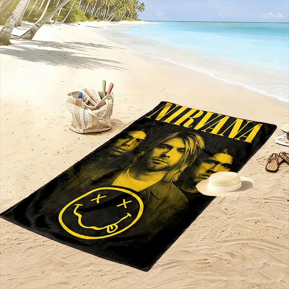 Nirvana Band Logo with Yellow Smiley Face Patterned beach towel quick dry perfect for travel outdoor sports jogging the beach and swimming