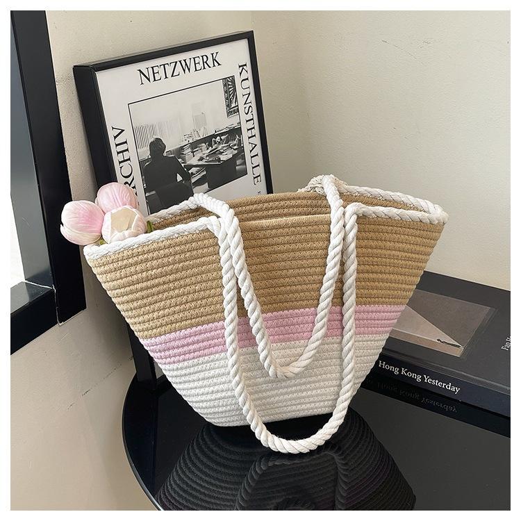 

Summer new contrasting stripes large-capacity woven seaside vacation beach leisure tote shoulder bag