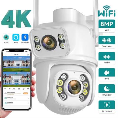 Neu EU 8MP 4K WIFI IP Kamera PTZ Dual Objektiv mit Dual Screen Ai Menschliches Erkennen Nachtsicht Outdoor Wifi überwachung Kamera ICsee CCTV Video