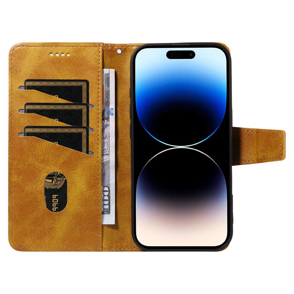 For iPhone 14 Pro Max Leather Case Wallet Stand Grids Imprinted Phone Cover with Strap