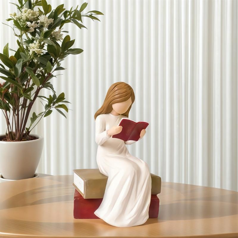 Reading Thinker Statue Reading Girls Figurines Sculpture Ornament for Home Office Bookshelf Decors Book Lover Gift