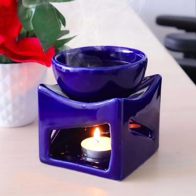 Ceramic Clay Candle Operated Aroma Burner Oil Diffuser, Extra Large Bowl, with 1 Tealight, 4.25 Inch, (Blue)