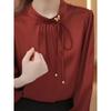 2024 Autumn New Chiffon Satin Long Sleeve Round Neck Shirt Commuting Bow Versatile Elegant Pullover