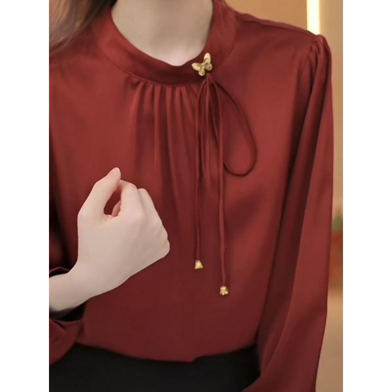 2024 Autumn New Chiffon Satin Long Sleeve Round Neck Shirt Commuting Bow Versatile Elegant Pullover