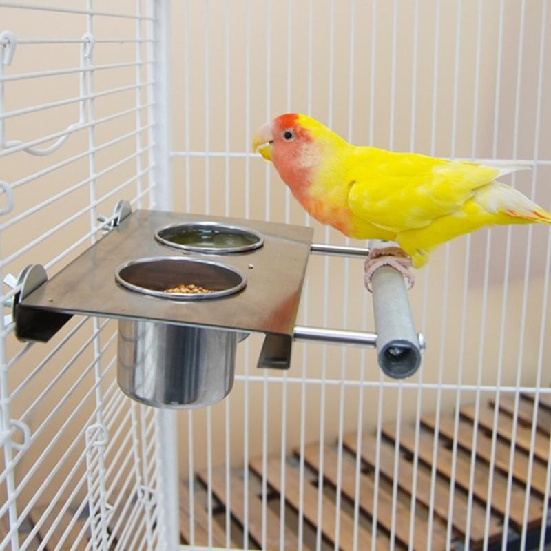 Stainless Steel Parrot Feeders With Double Cup Standing Perch Platform For Cage Bird Rabbits Ferrets Watering Feeding Use