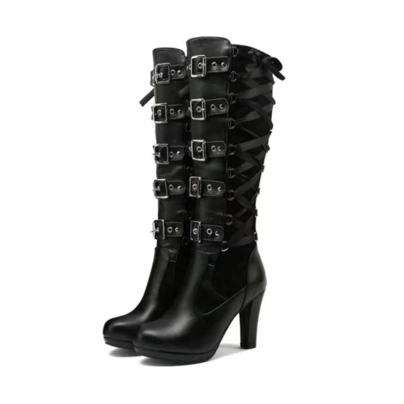 Soleist Platform Boots For Women Lace Up Chunky High Heel Mid Calf Boots Narrow Band Bow Knot Goth Gothic Shoes Winter 2024