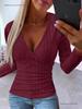 Women's Autumn Ribbed Knit V-Neck Slim Fit Long Sleeve Button Pullover