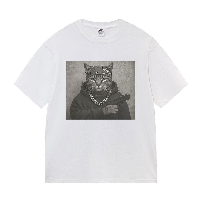 2025 Summer Funny Cat Graphic Print T Shirt Gang Cat Cool Hip Hop Men's Vintage High Quality 100% Pure Cotton Printed T-shirt
