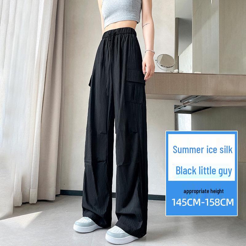 Women's Small Straight Leg Work Pants - Summer Ice Silk, Designer-Style, Elastic High Waist, Wide Leg, Floor-length