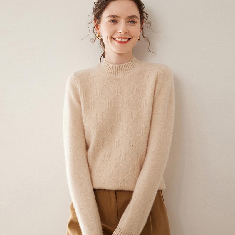 2024 Women's Autumn/Winter Cashmere Cable Knit Sweater – Half-High Neck, Thick, Loose Fit Knitwear