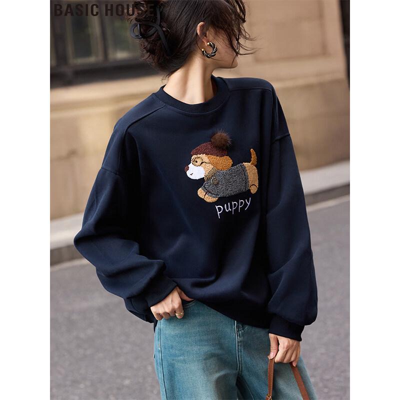 Basic House Women s Embroidered Round Neck Sweatshirt M