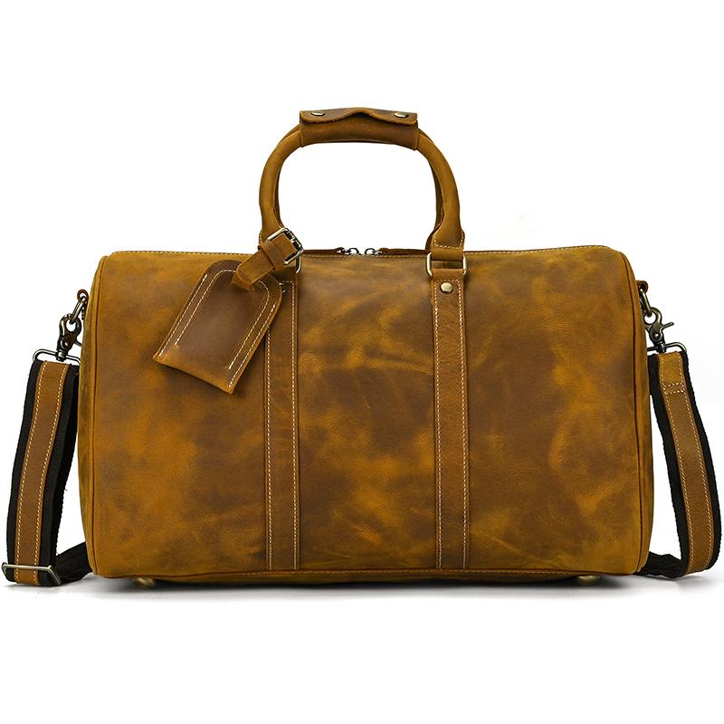 60cm Vintage Mens Leather Travel Bag Real Leather Weekender Bag Overnight Travelling Handbag For 3 Days  Business Travel