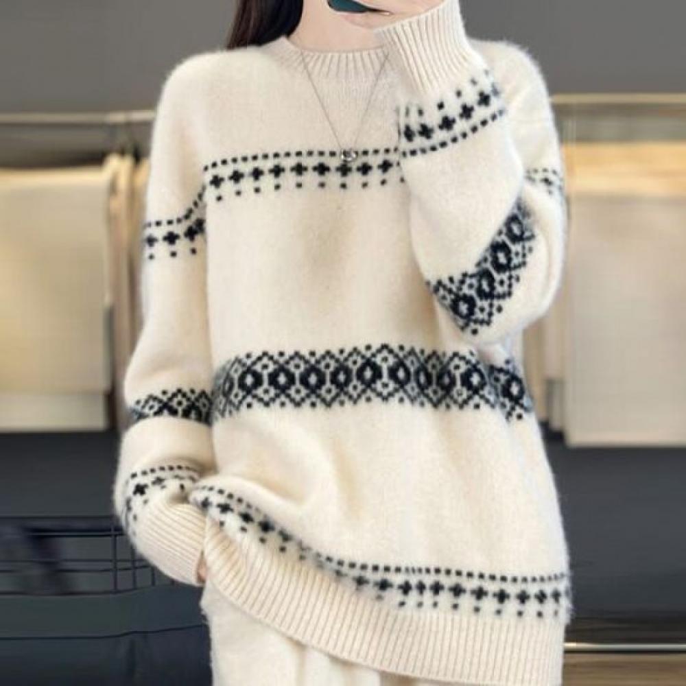 Navava Women Pattern Color Block Round Neck Long Sleeve Knit Nk3459
