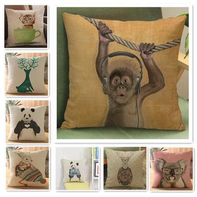 Monkey Cat Deer Cartoon Decorative Cushion Cover Elk Panda Rabbit Animal Style Cotton Linen Sofa Throw Pillow Case Cojines