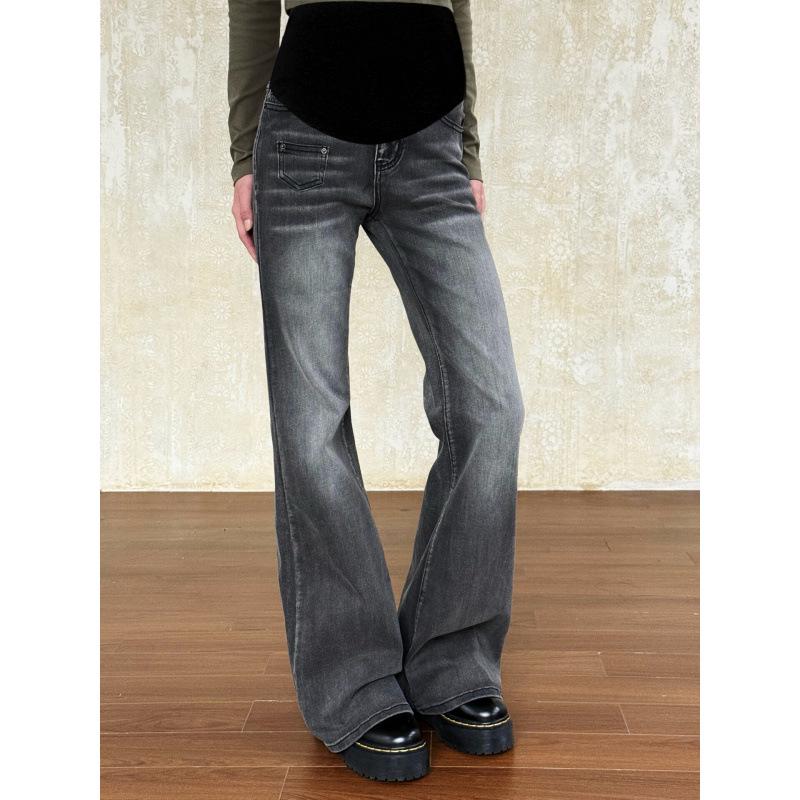 Maternity High-Waist Flare Jeans with Tummy Support - American Korean Style, Adjustable Straight-Leg Long Pants Medium