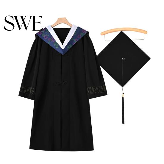 Commencement Outfit Bachelor Uniform Matte Graduation Gown Cap Tassel Set V-Neck Long Sleeve Robe And Ceremonies Photo Props Suit