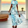 Women Plus Size V Neck Short Sleeve Maxi Dress Retro Paisley Print Loose Fit Summer Beach Long Dress