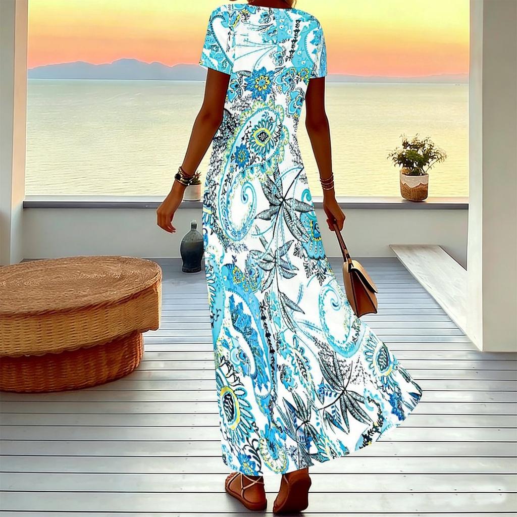 Women Plus Size V Neck Short Sleeve Maxi Dress Retro Paisley Print Loose Fit Summer Beach Long Dress